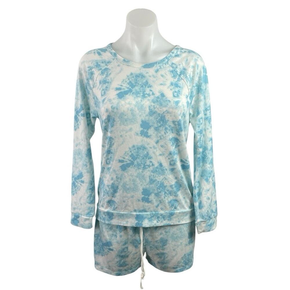 Kikit Womens Blue Tie Dye Long Sleeve T Shirt Shorts Sleepwear Lounge Set Size S